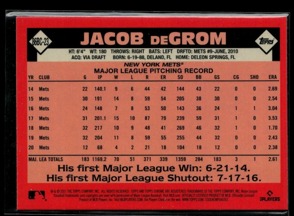 2021 Topps Chrome '86 Topps #86BC-23 Jacob deGrom - Image 2 of 2