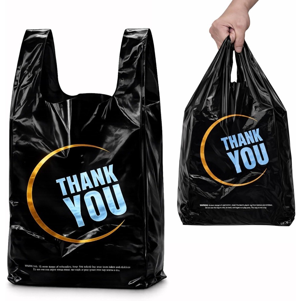100 Count Plastic Bags - Black T Shirt Bags with Handle for Retail Shopping and