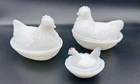 VTG HEN ON NEST LOT 3 HAZEL ATLAS 2”- 4.5" MILK GLASS WHITE-ONE WITH BLUE TINT