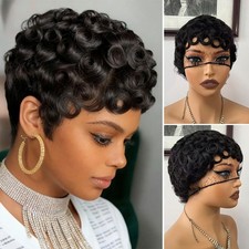 Real Human Hair Pixie Wig 6 Inch African American Kinky Curly Short Bob Style