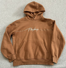 PacSun Playboy Sweatshirt Men's S Brown Hooded Embroidered Logo Fleece Pocket