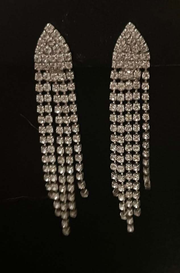 Silver Rhinestone Fringe Dangle Clip On Earrings