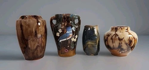 Vintage Brush McCoy Pottery Vase Brown Blue Onyx Glaze HandPainted Bird Lot Of 4