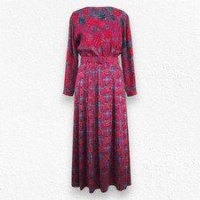Vintage 80s Halston III Silk Floral Plaid Dress Red Pink Teal Belted Midi Size 4