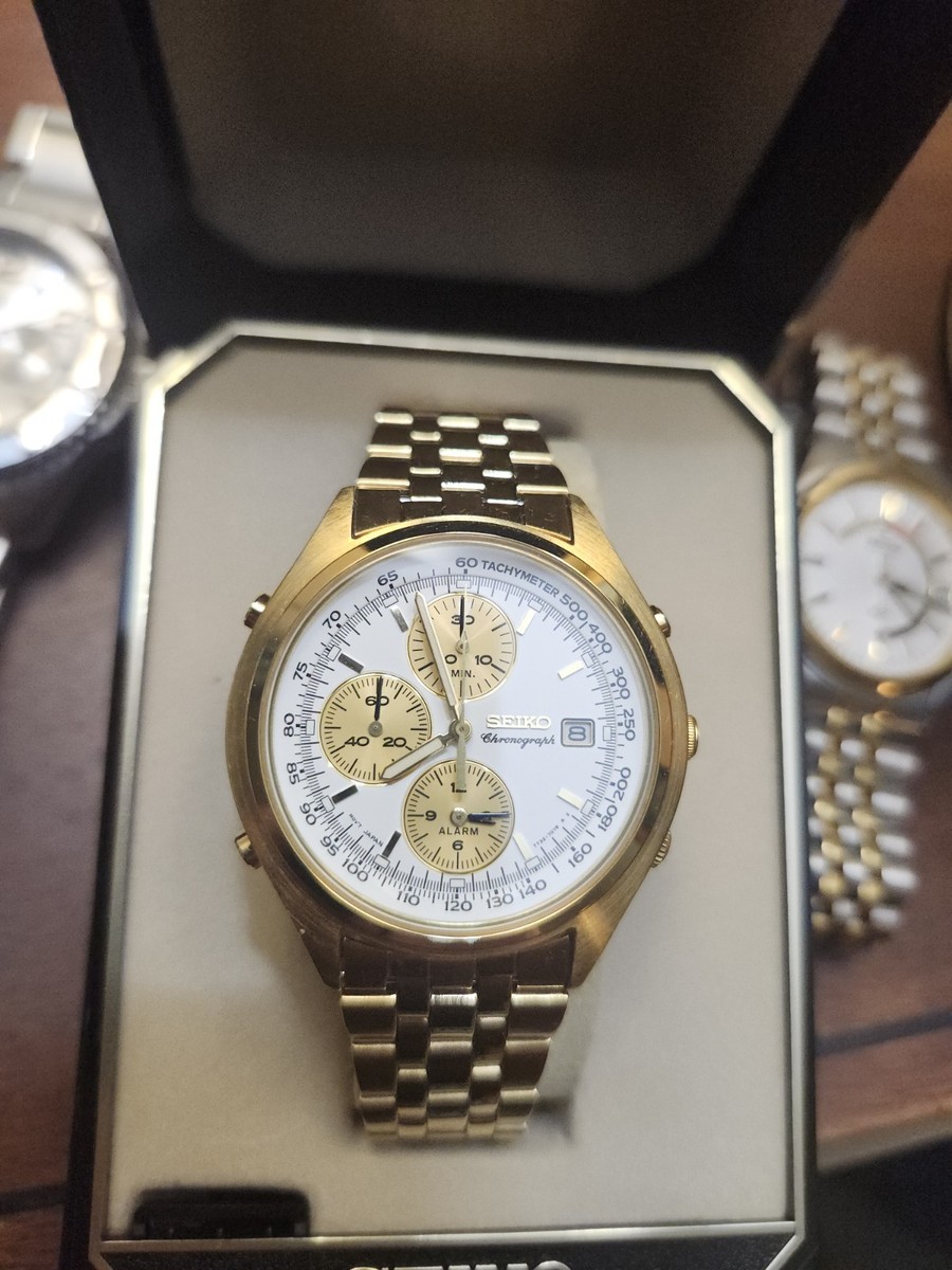 Seiko 7T32-7C60 Quartz Alarm Chronograph Gold Panda dial ~38mm