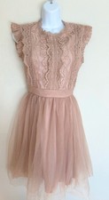 Pink Lace Mesh Dress Flutter Cap Sleeve Fairycore  Elegant Cocktail Wedding XS