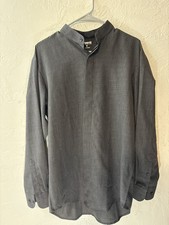 Men mandarin collar banded collar Dark Gray Black dress Shirt Medium