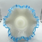 VTG Fenton Aqua Blue Crest Milk Glass Spiral Vase with Crimped Ruffled Edge
