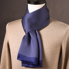 Men's 100 Pure Silk Scarf Neckerchief Long Double Layer Cravat Polka Dot Navy