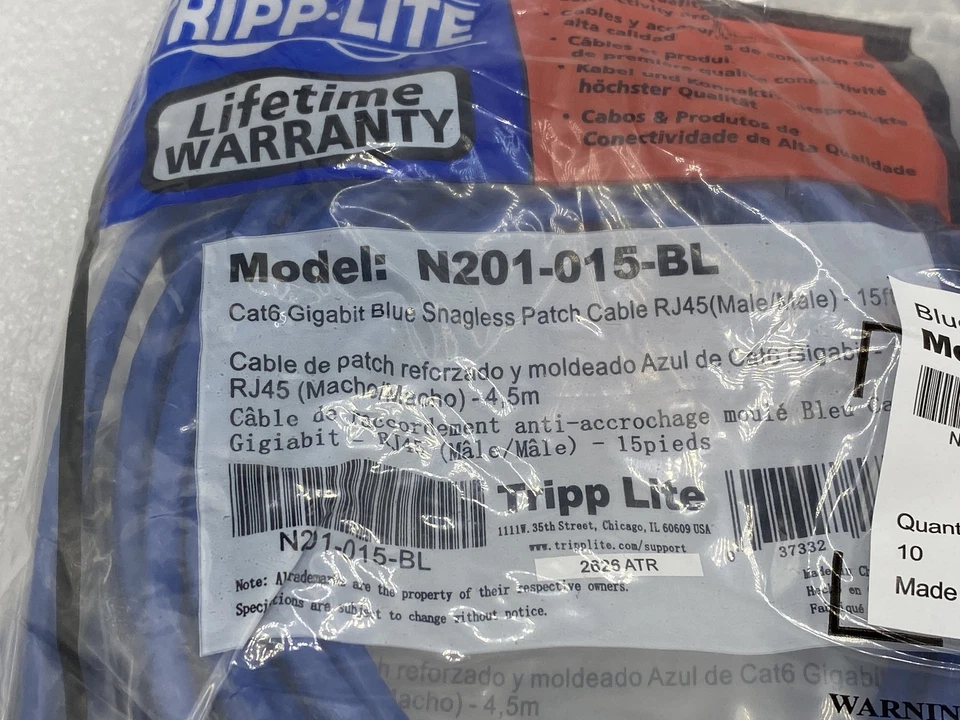 NEW (QTY 10) TRIPP LITE N201-015-BL CAT 6 GIGABIT BLUE SNAGLESS PATCH CABLE 3 FT - Image 2 of 4