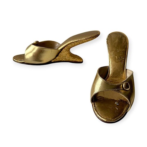 Vintage 1950-60s Gold Leather Boomerang Wedge Sandal, Size 8 1/2