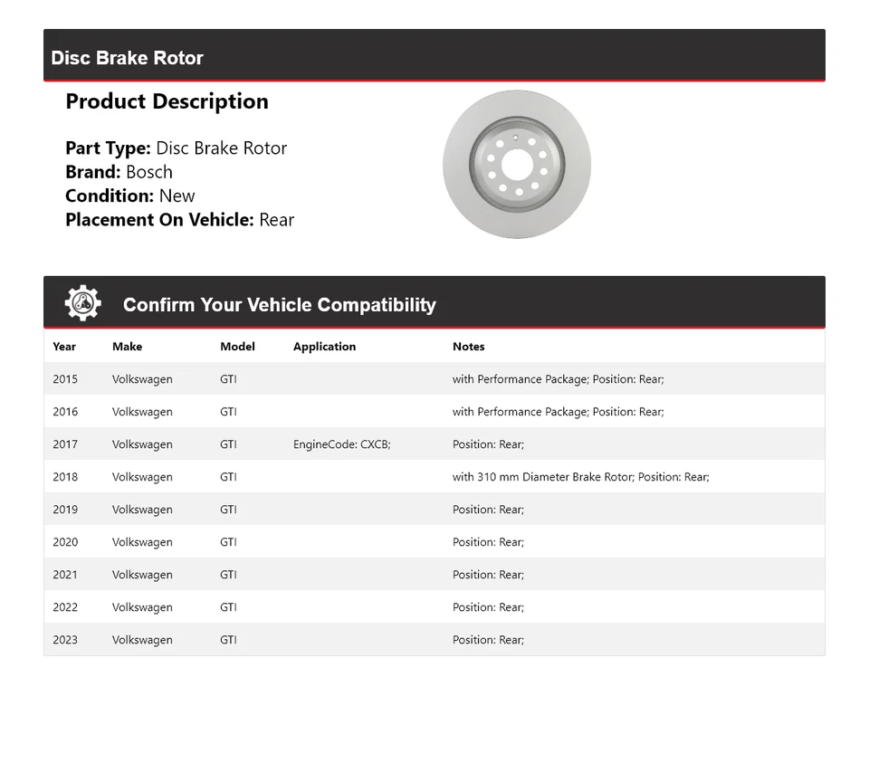 Para 2015-2023 Volkswagen GTI Bosch QuietCast rotor de freio a disco traseiro 2016 2017 - Imagem 2 de 4