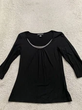 INC International Concepts Women 3/4 Sleeve Scoop Neck T-Shirt Black Petites PS