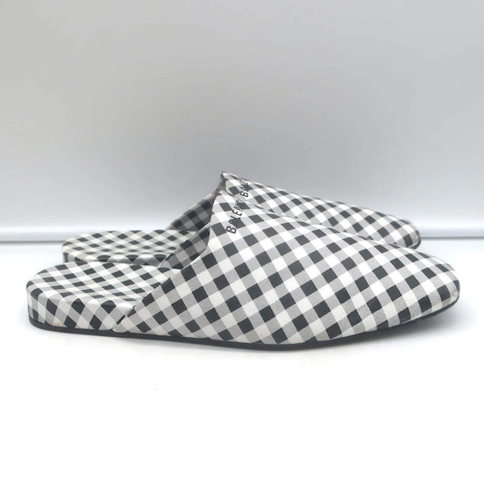 Balenciaga Cosy Gingham Mules Black & White Leather Size 37 Slip-On Flats - Image 3 of 4