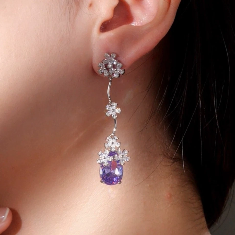 white gold s925 made with SWAROVSKI crystal drop dangle flower purple earrings Foto 4 de 4