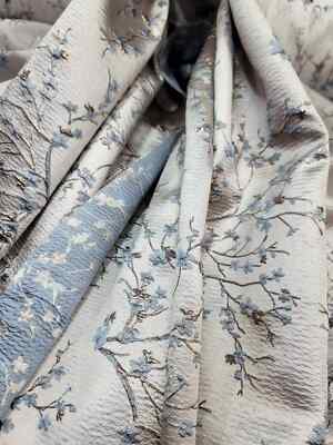 ''Baby Blue Floral Brocade Fabric with Beige Textured Background   Sold by the Ya