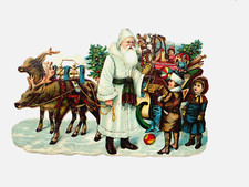 Christmas vintage Die Cut Santa In White Coat Standing Next To Sled CHildren