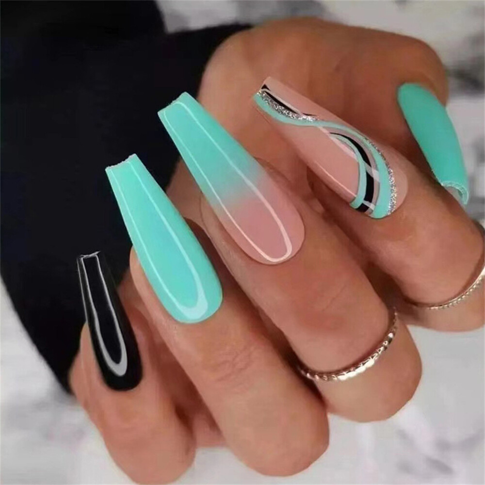 Coffin False Nails Blue White Wave Long Press on Nails for Women Nail Art  24pcs | eBay