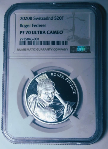 Switzerland 2020B 20 Francs NGC Proof 70 Ultra Cameo~Roger Federer Tennis~Fr/Shi