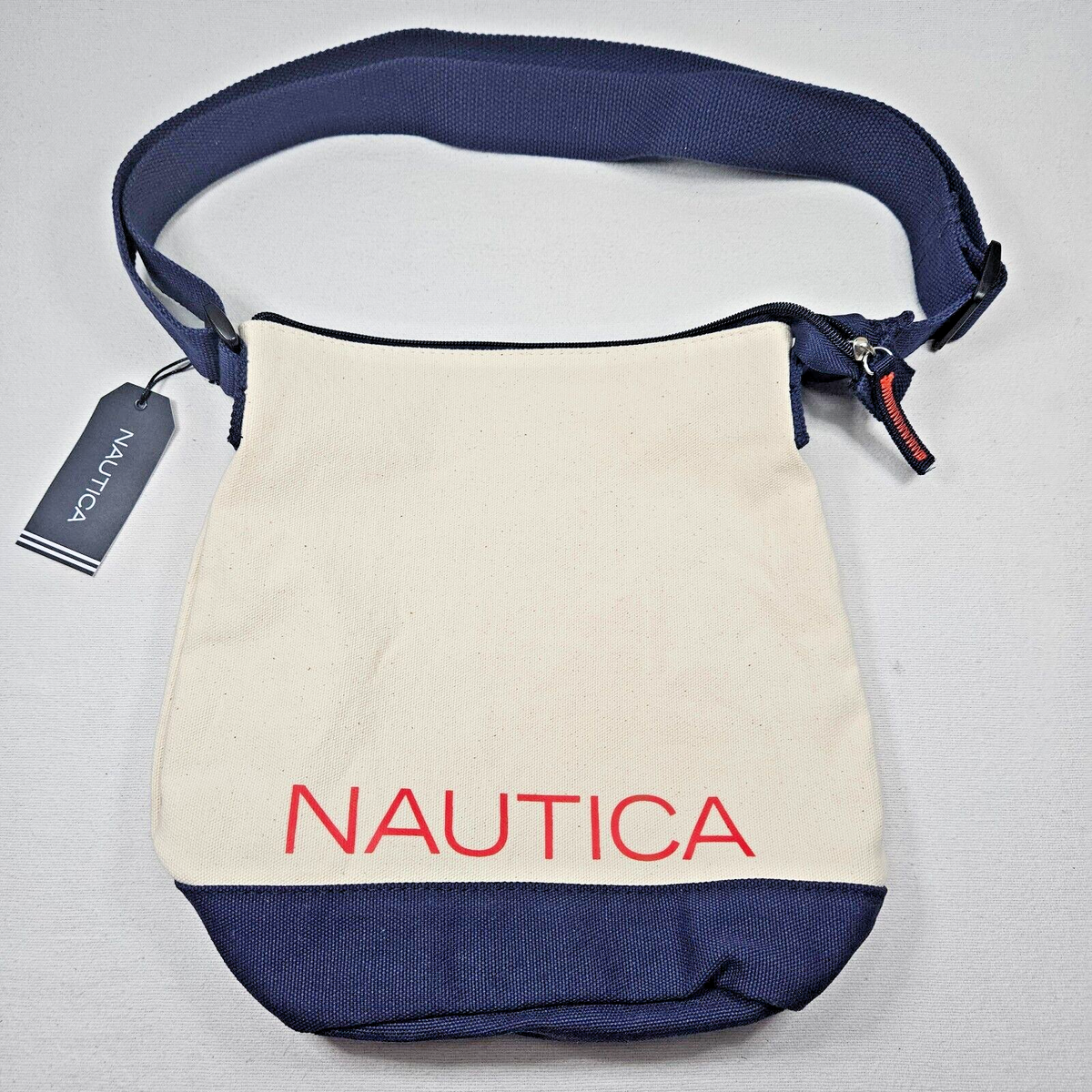 Nautica Canvas Zip Closure Bag Crossbody Natural/Indigo NWT