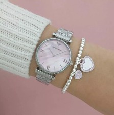 NEW GENUINE EMPORIO ARMANI AR1779 WOMEN'S WATCH SILVER & PINK DIAL GIANNI T-BAR