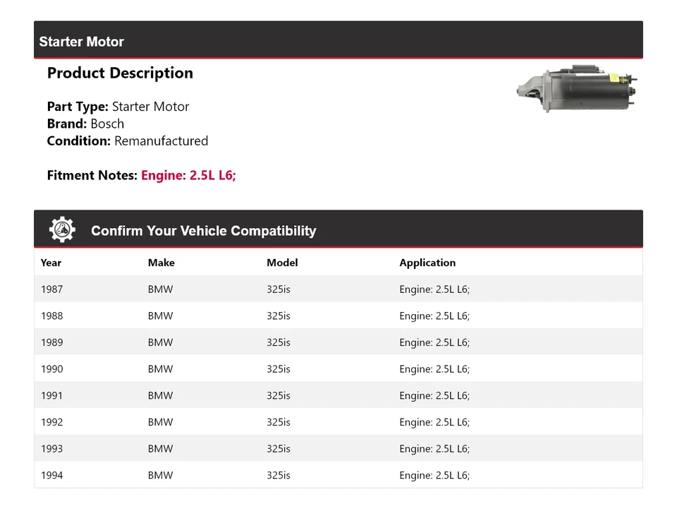 Arranque Bosch para BMW 325is 1987-1994 2,5 L L6 (remanufacturado) 1988 1989 1990 Foto 2 de 4