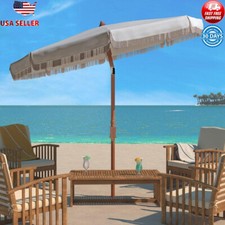 Estonia Fringe Beach Patio Umbrella 6.5' White Metal Shade Poolside Comfort New
