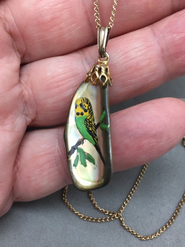 Hand Painted Parakeet Budgie on Abalone Shell Art Pendant Charm 1 5/8" Vintage