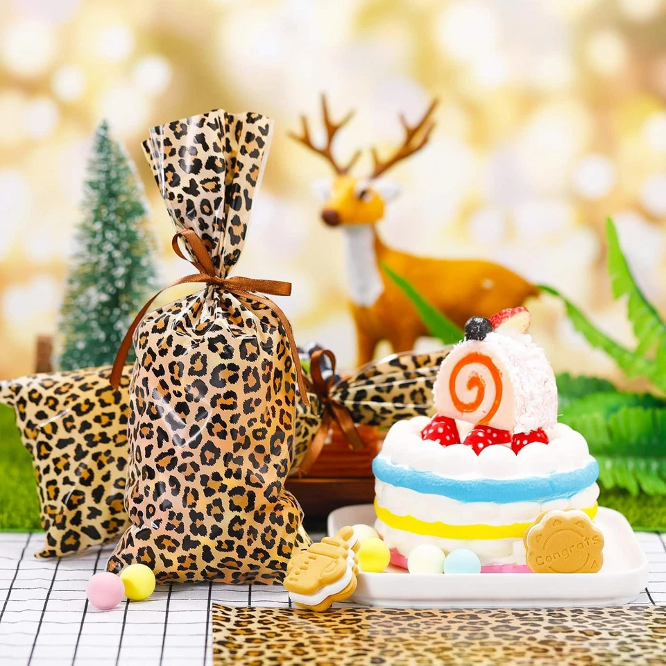 100 peças sacos de doces com estampa de leopardo animal chita creme, marrom - Imagem 2 de 4