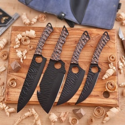 Shard Black Ember 4pc Tactical Chef Set Full Tang Carbon Steel with Leather Roll