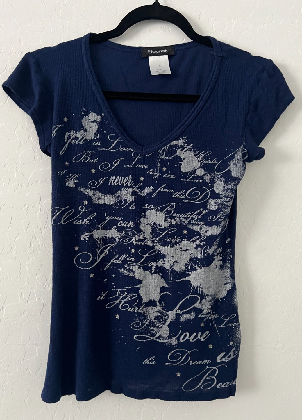 Fleurish Y2K Style Graphic Baby Tee Women’s Large Blue Fairy Grunge Script Top