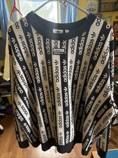 Adidas Originales R.Y.V. Sudadera Cuello Redondo Suéter Cinta Rayas Negro XL Años 90