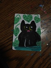 ACEO Acrylic Painting Cat Art Miniature Plants Small Original Unframed