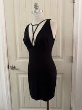 XXI Size Large Black Dress Detailed V Neck Low Back Stretch Rear Zip Party