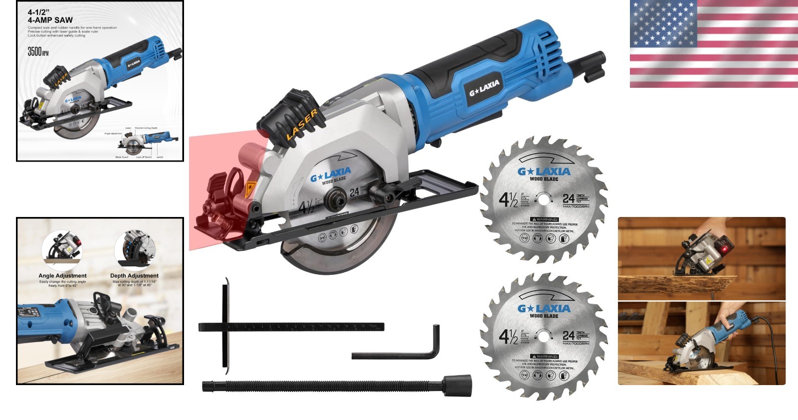4Amp Corded Mini Circular Saw 3500RPM with Laser Guide & Rip Guide for Precision