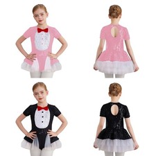 Kids Girls Skirt Tie Dress Tutu Costume Short Sleeve Color Contrast Back Cut