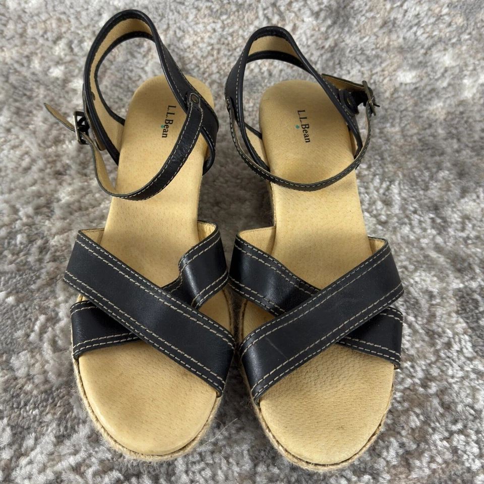 LL Bean женщин 10M(B) кожи лодыжки ремень сандалии черный Espadrilles на танкетке туфли - Изображение 2 из 4