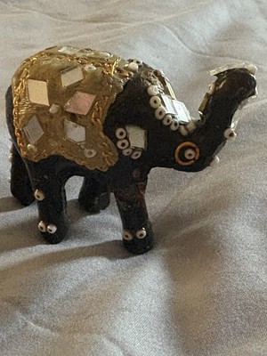 Black Elephant Figurine with Mirror Mosaic & Beads, Mixed Materials Decor