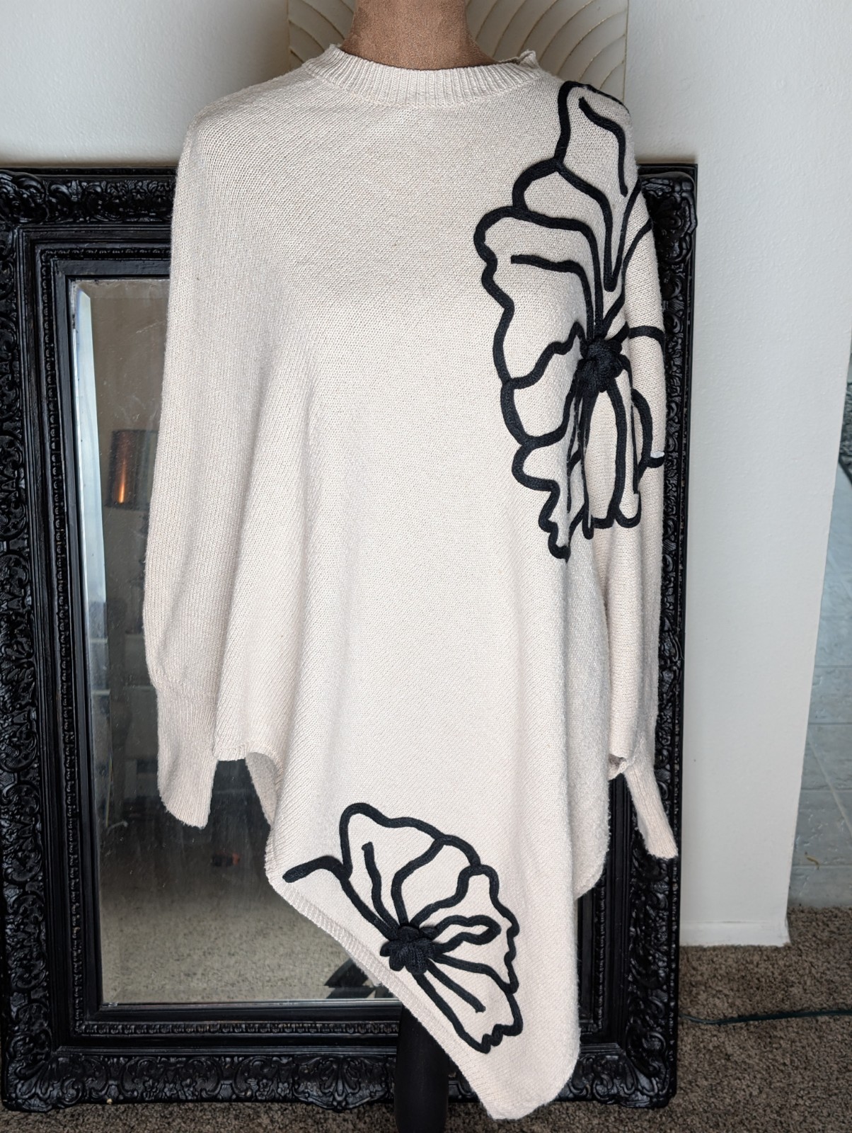 “Oversized Poncho Sweater Women’s Boho Asymmetrical Hem Beige Knit Floral...