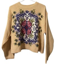Liz Sports Women Sz Large Hand Knitted Floral Sweater GrandmaCore Wool Blend VTG