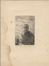 Vecchia incisione con torre e altri edifici Germania 1921