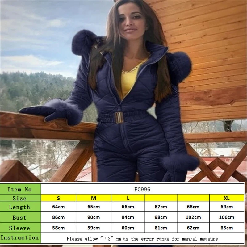Women's Snowsuit One Piece Ski Suit Jumpsuits Fur Collar With Hood Ski Jackets - Image 2 of 4