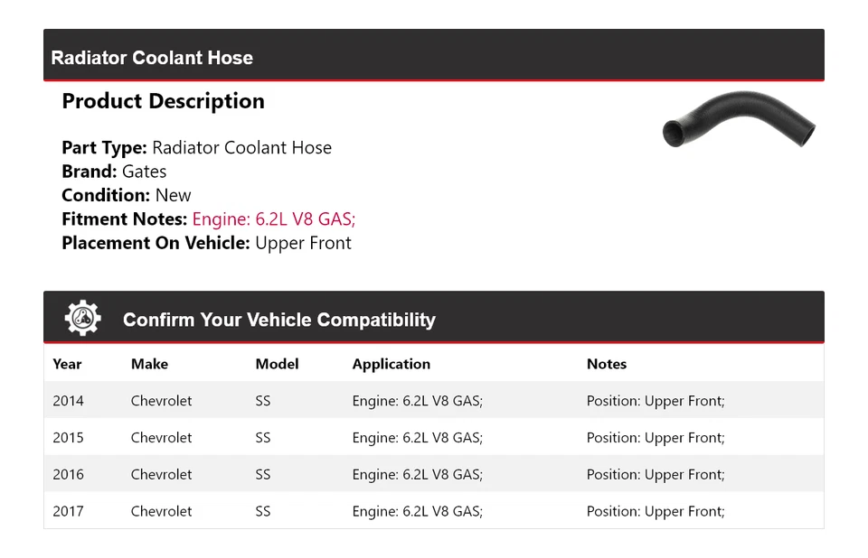 Manguera de refrigerante de radiador de gasolina V8 6,2 L para Chevrolet SS 2014-2017 puertas delanteras superiores Foto 2 de 3
