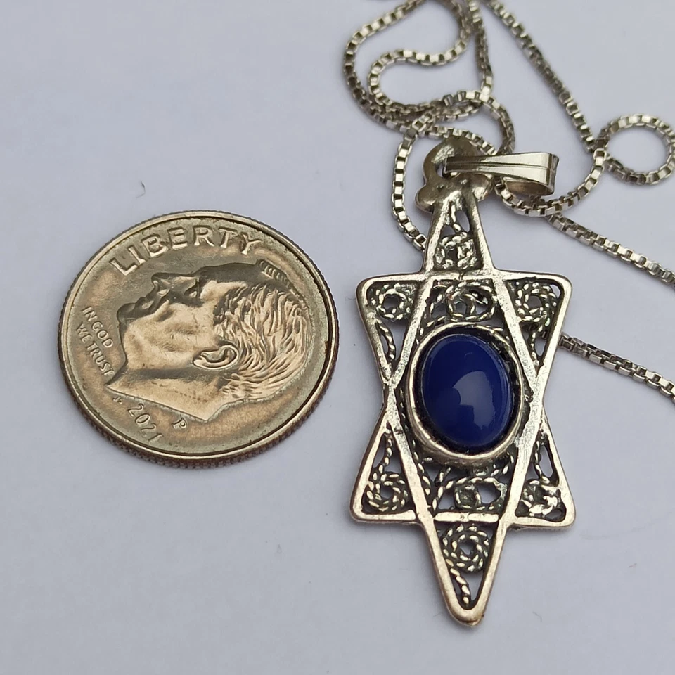 Винтажный серебряный звезда Давида ожерелье глубокий синий филигранный мужчин женщин 925 подарочная коробка - Изображение 4 из 4