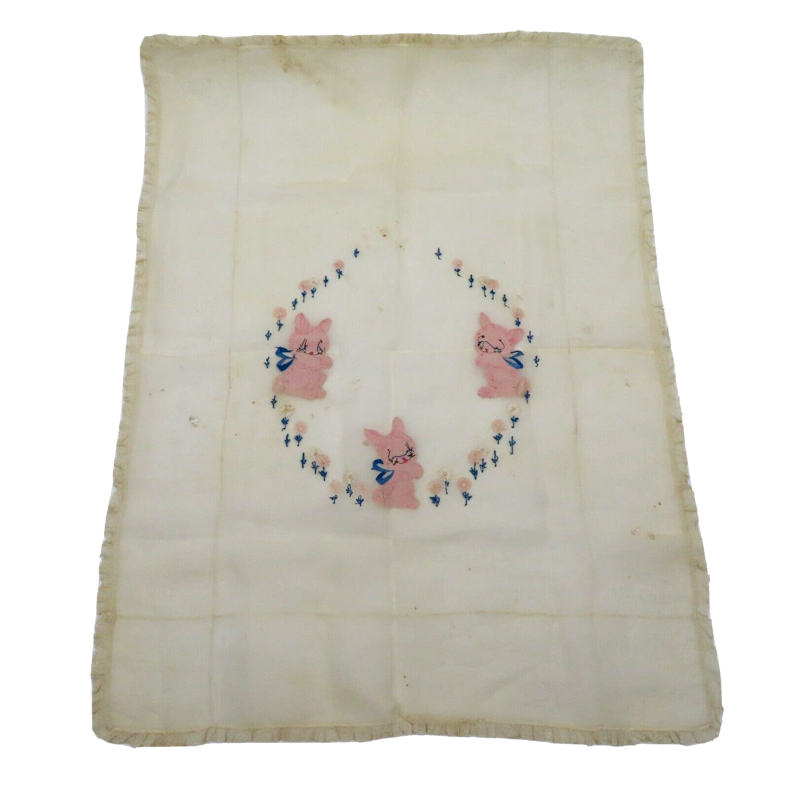 Antique Hand Embroidered Pink Blue Bunny Rabbit Flower Lace Trim Sheer Piece