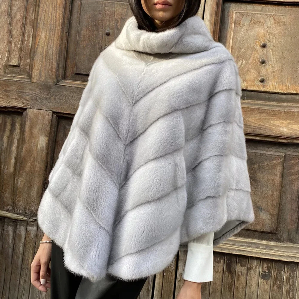 Gray Luxury Real Mink Fur Stand Collar Scarf Winter Sleeveless Cloak Short Coat