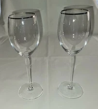 Vintage Set Of 2 Schott-Zweisel Crystal Platinum Rim 8" Wine Glasses Long Stem