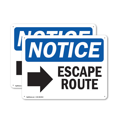 (2 Pack) Escape Route [Right Arrow] OSHA Notice Sign Decal Metal Plastic