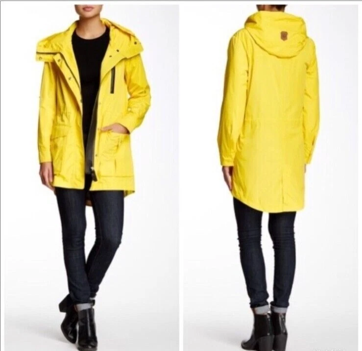Mackage Gypsy Hooded Rain Jacket Parka Leather Trim Neon Yellow S
