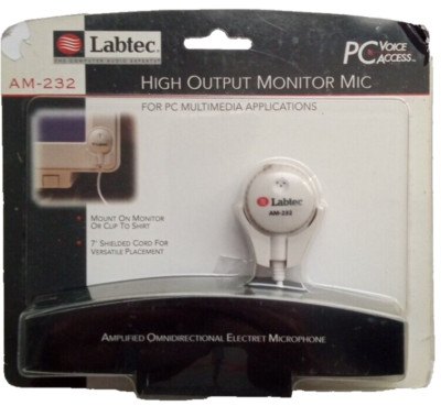 NOS 1998 Labtec AM-232, High Output Monitor Mic Pc Voice Access 7' Shielded Cord